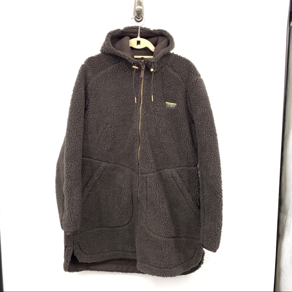 LL Bean Women XL Jacket Mountain Pile Fleece Coat Brown Sherpa Long Hood Zip